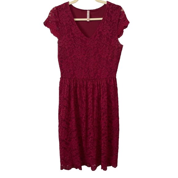 Modcloth Gilli Womens Burgundy Lace V-Neck Short Sleeve Dress Large - Picture 1 of 8